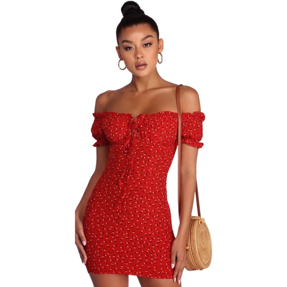 Dresses & Skirts - Red Floral Large Off The Shoulder Red Mini Dress